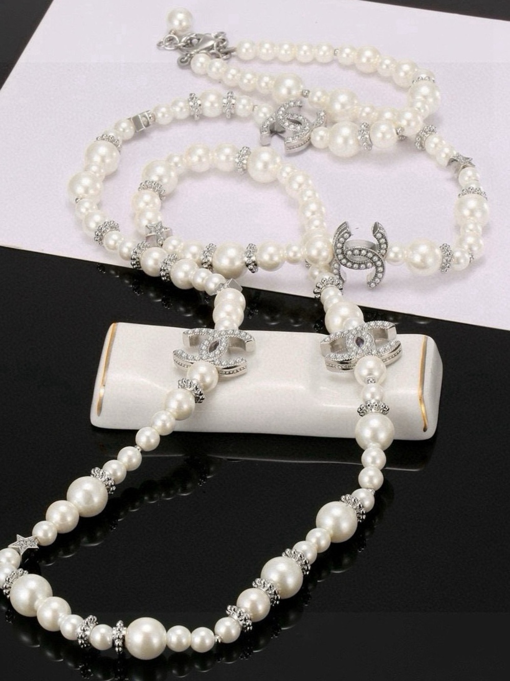 ✨Chanel Mixed-Size Pearl Long Necklace with Crystal CC Logos